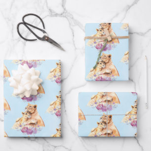 Feuille De Papier Cadeau Aquarelle mignonne Mère Lion & Cub