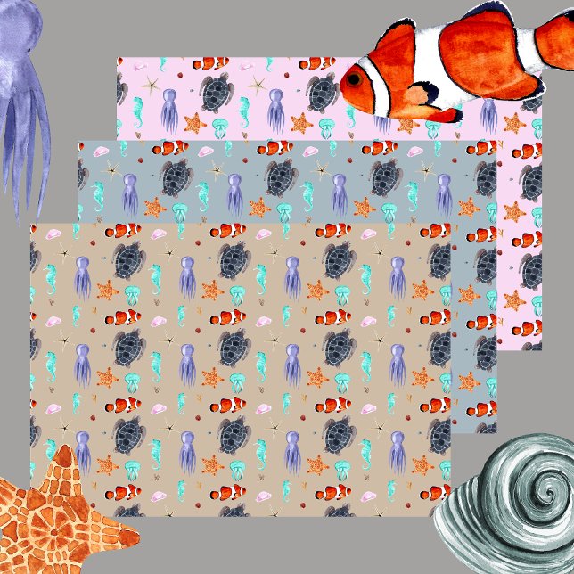 Feuille De Papier Cadeau Aquarelle mignonne Océan Animaux Mer Vie (Créateur téléchargé)