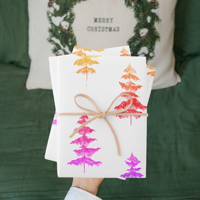 Feuille De Papier Cadeau Aquarelle moderne hiver pin rose arbre Noël (Créateur téléchargé)