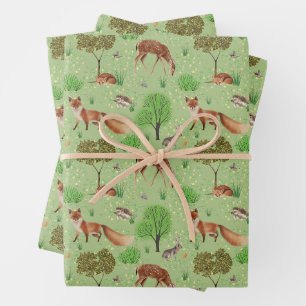 Feuille De Papier Cadeau Aquarelle moderne mignonne Bois Animaux Pré