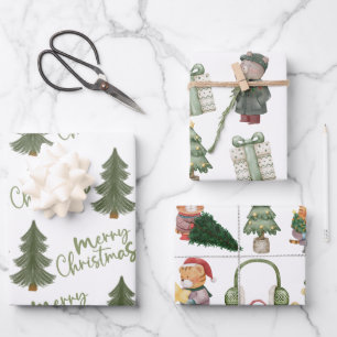 Feuille De Papier Cadeau Aquarelle moderne sapin vert de Noël