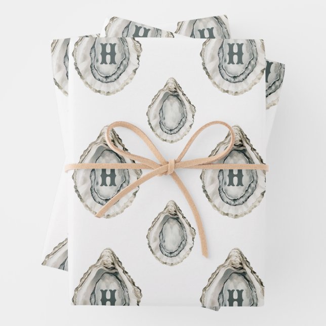 Feuille De Papier Cadeau Aquarelle Monogramme d'huîtres côtières (En situation)
