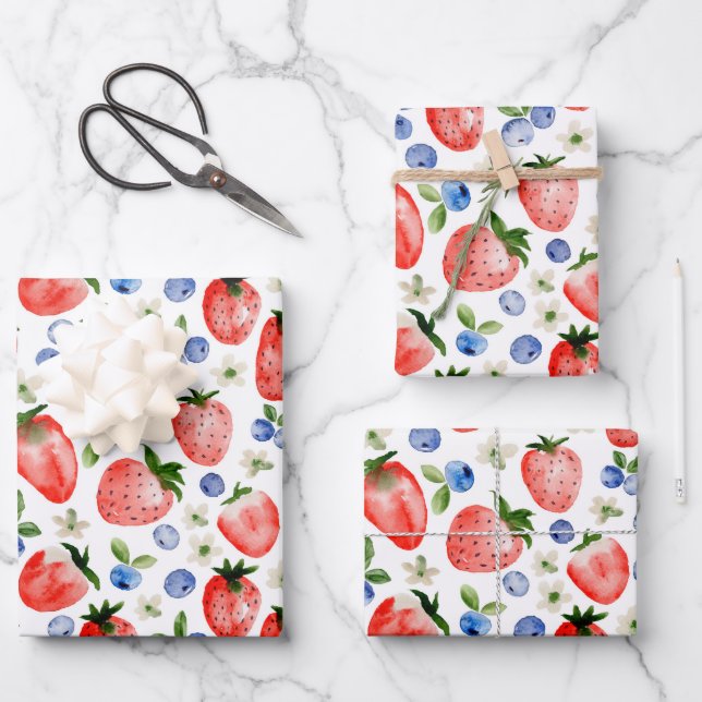Feuille De Papier Cadeau Aquarelle Motif de fraises et bleuets (Recto)