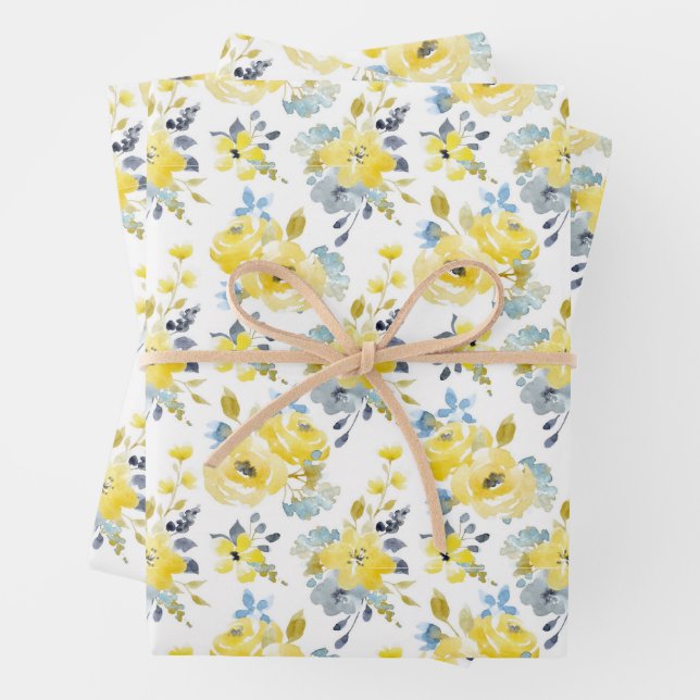 Feuille De Papier Cadeau Aquarelle Motif Floral Jaune (En situation)