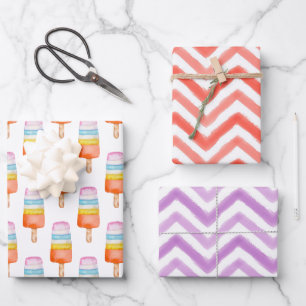 Feuille De Papier Cadeau Aquarelle multicolore Popsicle Chevron