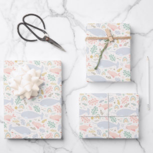 Feuille De Papier Cadeau Aquarelle Narwhal et Motif de phoque
