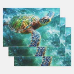 Feuille De Papier Cadeau Aquarelle Natation Tortue de mer