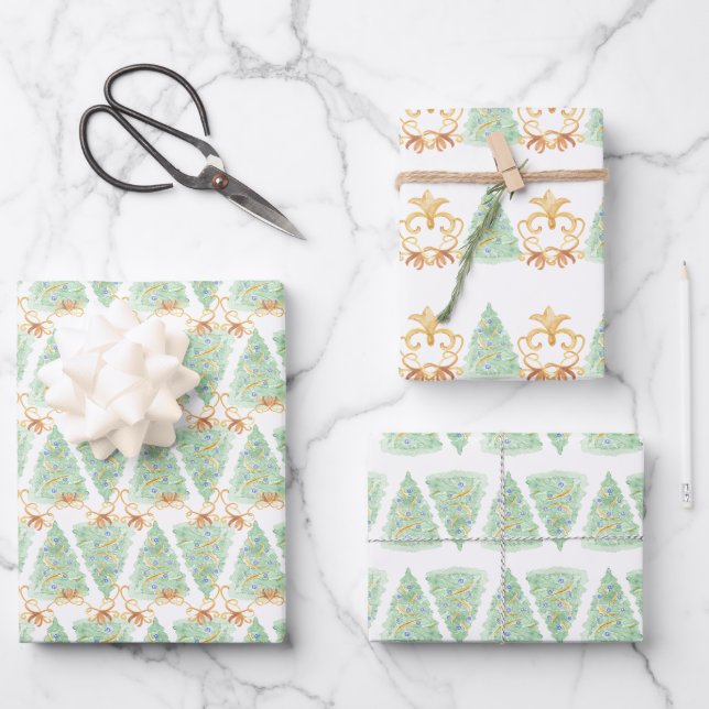 Feuille De Papier Cadeau Aquarelle Noël Arbres d'or Grandmillentenaire (Recto)