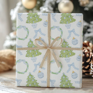 Feuille De Papier Cadeau Aquarelle Noël Bleu Bow Ginger Jar Trees