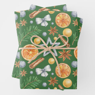 Feuille De Papier Cadeau Aquarelle Noël Orange Épice, Evergreen