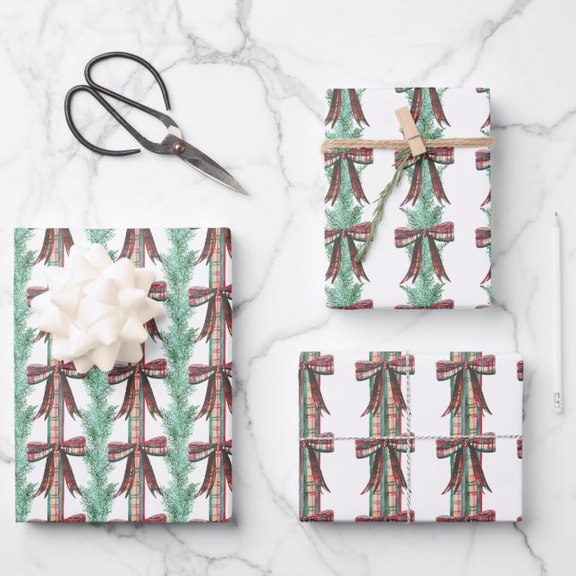 Feuille De Papier Cadeau Aquarelle Noël Plaid Bow Garland (Recto)
