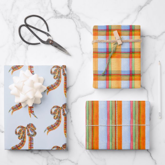 Feuille De Papier Cadeau Aquarelle Noël Plaid et Bows (Recto)