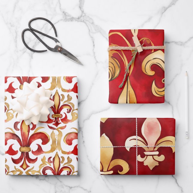 Feuille De Papier Cadeau Aquarelle Noël Rouge or Floral (Recto)