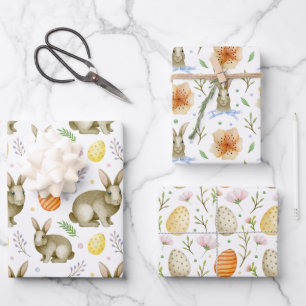 Feuille De Papier Cadeau Aquarelle Oeufs de lapin à fleurs de printemps Vin