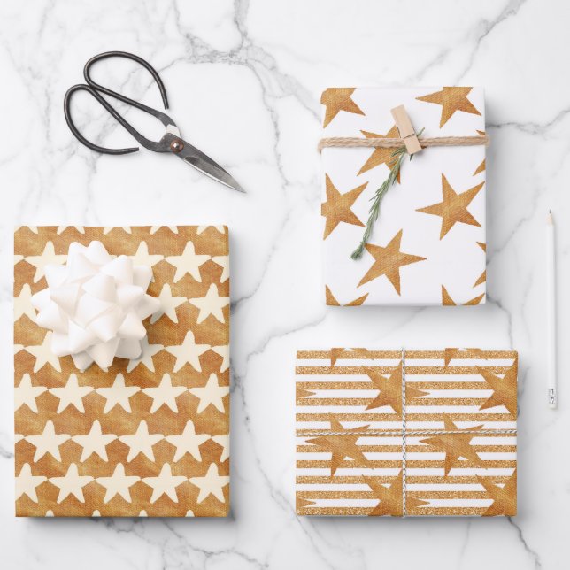 Feuille De Papier Cadeau Aquarelle Or Étoiles Noël (Recto)