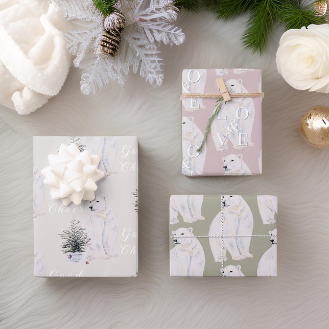 Feuille De Papier Cadeau Aquarelle Ours polaire Motif sapin de Noël (Créateur téléchargé)