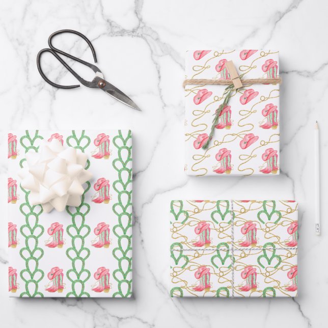 Feuille De Papier Cadeau Aquarelle Pays Noël Cowboy Botte (Recto)