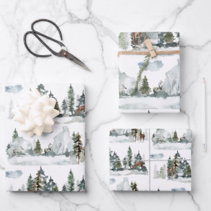 Feuille De Papier Cadeau Aquarelle paysage hivernal Bois Reindeer forestier