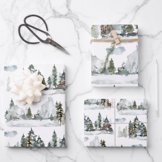 Feuille De Papier Cadeau Aquarelle paysage hivernal Bois Reindeer forestier (Recto)