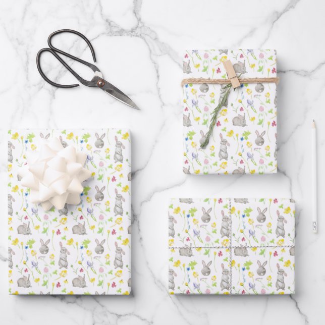 Feuille De Papier Cadeau Aquarelle Peinte lapin de Pâques Fleurs (Recto)