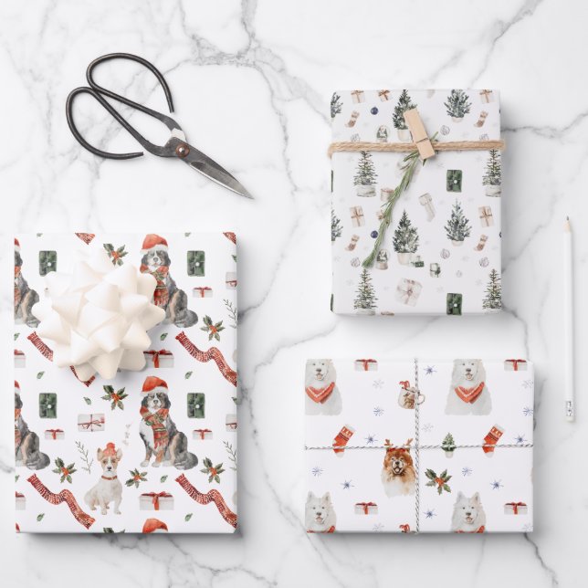 Feuille De Papier Cadeau Aquarelle Père Noël Chien Chien Chien Chien Chien  (Recto)