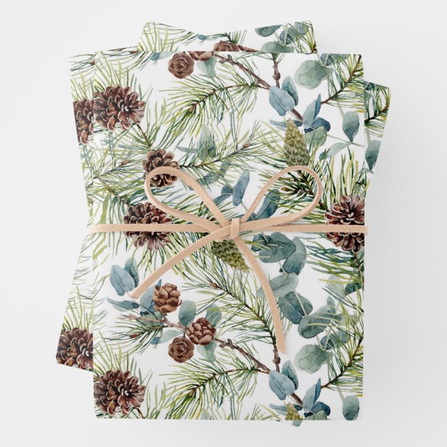Feuille De Papier Cadeau Aquarelle Pine et Pine Cônes Motif Noël (En situation)