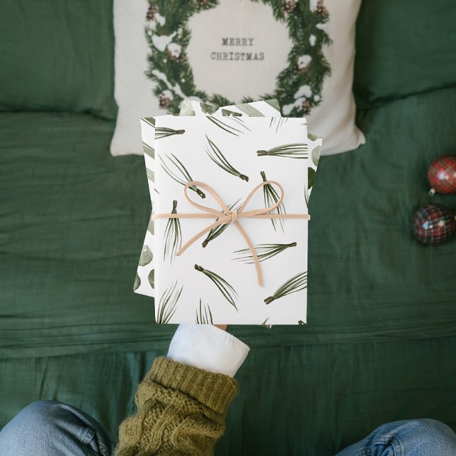 Feuille De Papier Cadeau Aquarelle Pine verte Noël (Créateur téléchargé)