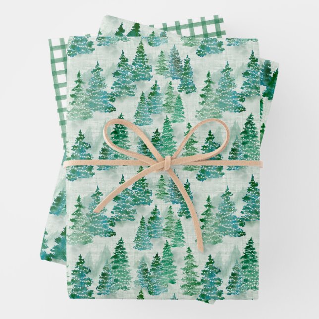 Feuille De Papier Cadeau Aquarelle Pinède de Noël (En situation)