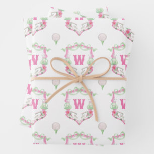 Feuille De Papier Cadeau Aquarelle Pink & Green Golf Panier Monogram Crest