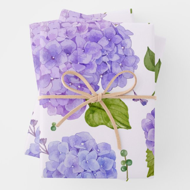 Feuille De Papier Cadeau Aquarelle Purple Hydrangea Fleurs (En situation)