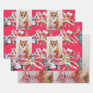 Feuille De Papier Cadeau Aquarelle Red Fox Rouge Lily Floral Art