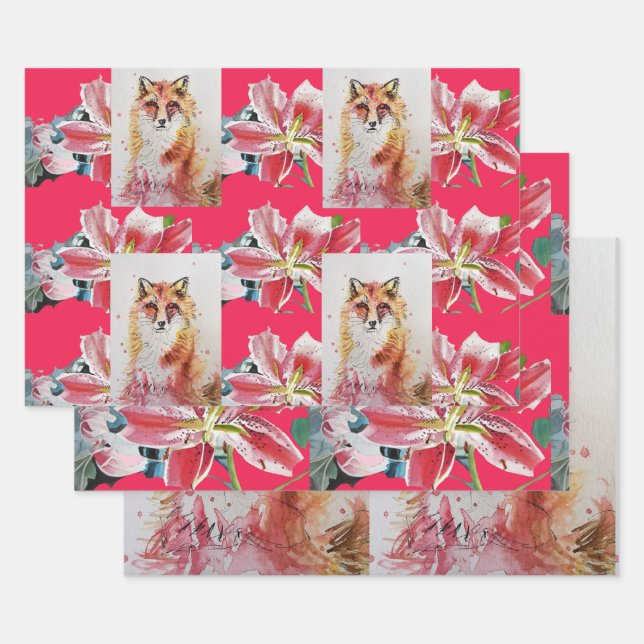 Feuille De Papier Cadeau Aquarelle Red Fox Rouge Lily Floral Art (Lot)