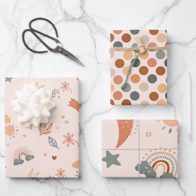 Feuille De Papier Cadeau Aquarelle Retro Boho Arc-en-ciel neutre (Recto)