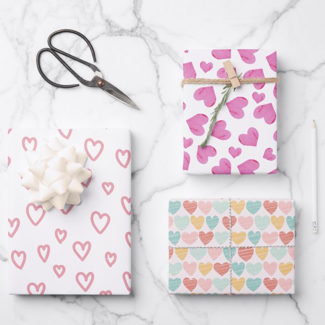 Feuille De Papier Cadeau Aquarelle rose Coeurs mignonne Saint Valentin (Recto)