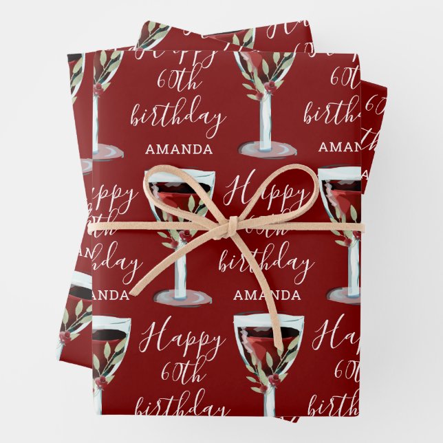 Feuille De Papier Cadeau Aquarelle Rose de vin rouge 60e anniversaire (En situation)