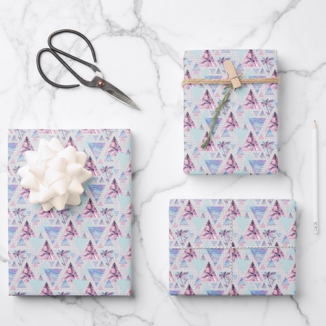 Feuille De Papier Cadeau Aquarelle rose et bleu Motif de palmier (Recto)