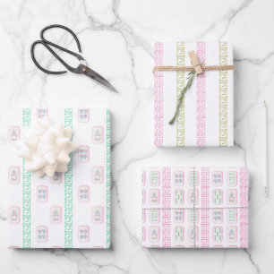 Feuille De Papier Cadeau Aquarelle rose et vert Mahjong