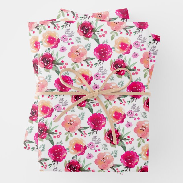 Feuille De Papier Cadeau Aquarelle rose floral (En situation)