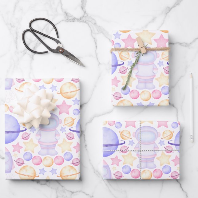 Feuille De Papier Cadeau Aquarelle rose mignonne Astronautes de l'espace An (Recto)