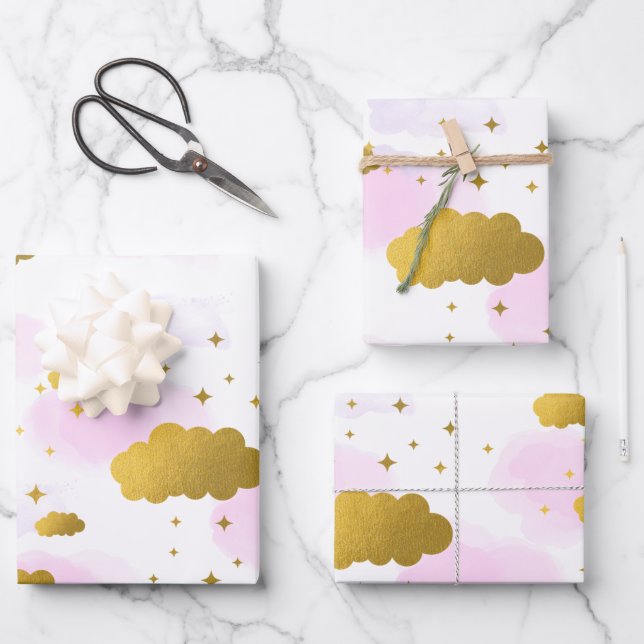 Feuille De Papier Cadeau Aquarelle rose Nuages Gold Stars Sky (Recto)