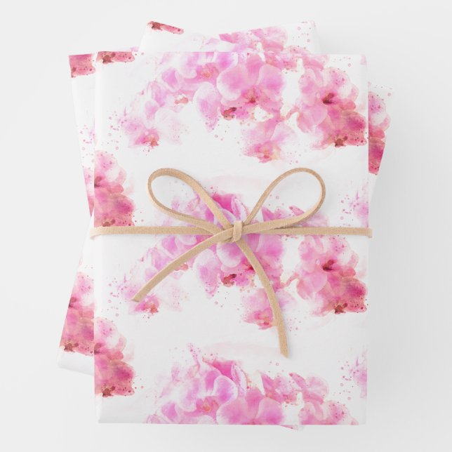 Feuille De Papier Cadeau Aquarelle rose orchidée (En situation)