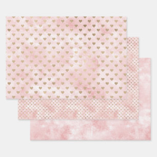 Feuille De Papier Cadeau Aquarelle rose pâle Coeurs d'or