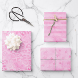 Feuille De Papier Cadeau Aquarelle rose pastel Léopard rayures Étoiles Impr