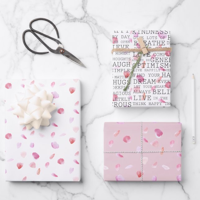 Feuille De Papier Cadeau Aquarelle Rose Pétales Mots Inspirants (Recto)