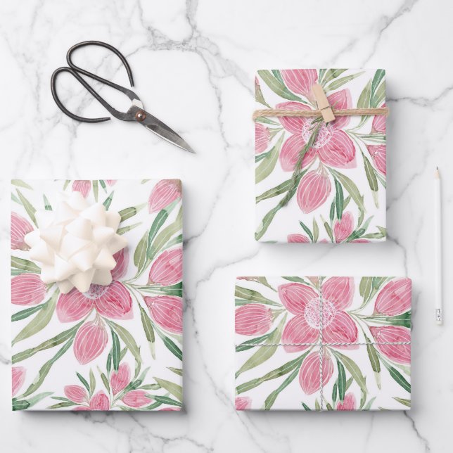 Feuille De Papier Cadeau Aquarelle rose vert été Fleurs florissantes (Recto)