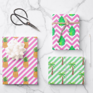 Feuille De Papier Cadeau Aquarelle rose vert rayé Chevron Summer Beach