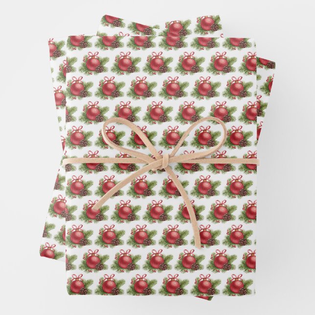 Feuille De Papier Cadeau Aquarelle Rouge Boule Ornement Motif Noël (En situation)