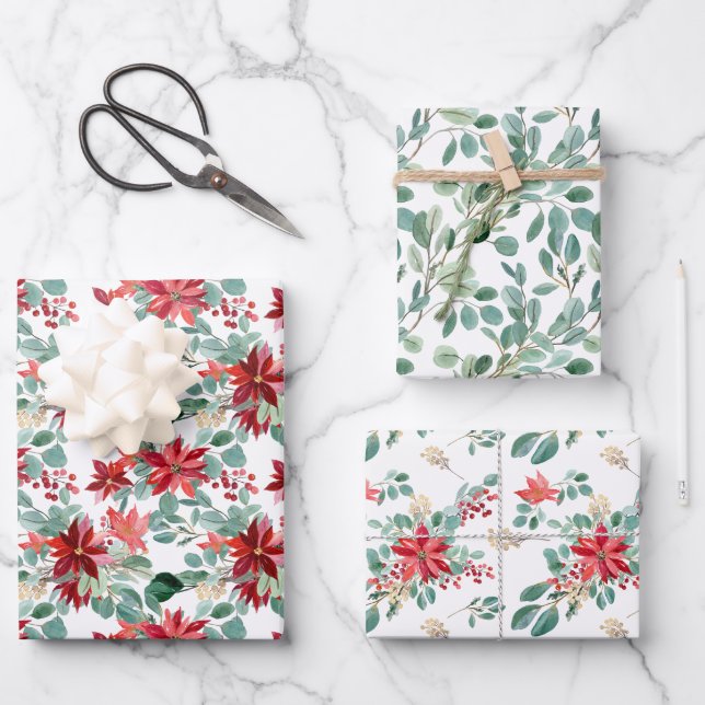 Feuille De Papier Cadeau Aquarelle rouge de Noël Poinsettia Eucalyptus (Recto)