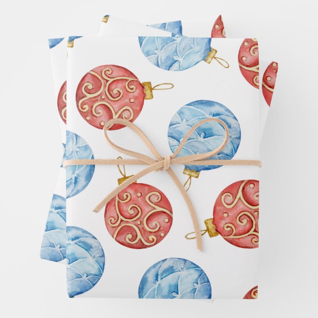 Feuille De Papier Cadeau Aquarelle Rouge et Bleu ornements de Noël (En situation)