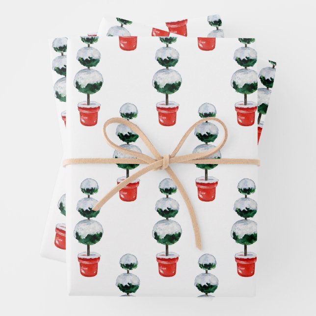 Feuille De Papier Cadeau Aquarelle Rouge et vert Topiaire de Noël (En situation)